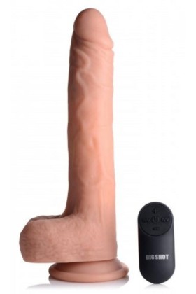 Vibrierender und stoßender XL-Dildo mit Saugnapf und Hoden - Beige