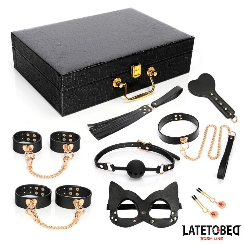 8-TEILIGES LEDER-BONDAGE-SET MIT AUFBEWAHRUNGSKOFFER VON LATETOBED BDSM LINE