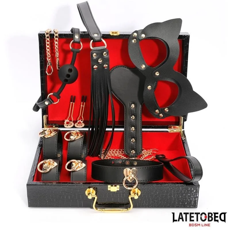8-TEILIGES LEDER-BONDAGE-SET MIT AUFBEWAHRUNGSKOFFER VON LATETOBED BDSM LINE 2