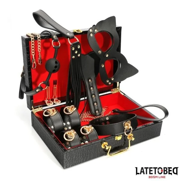 8-TEILIGES LEDER-BONDAGE-SET MIT AUFBEWAHRUNGSKOFFER VON LATETOBED BDSM LINE