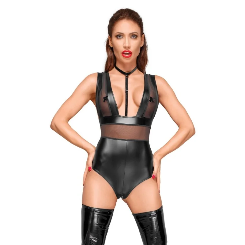 Powerwetlook Body mit Tülleinsätzen und Choker aus Zartem Samt F183 von Noir Handmade Decadence Collection kaufen | Fesselliebe