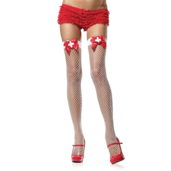 Weiße Halterlose Netzstrümpfe mit Roter Schleife von Leg Avenue kaufen | Fesselliebe