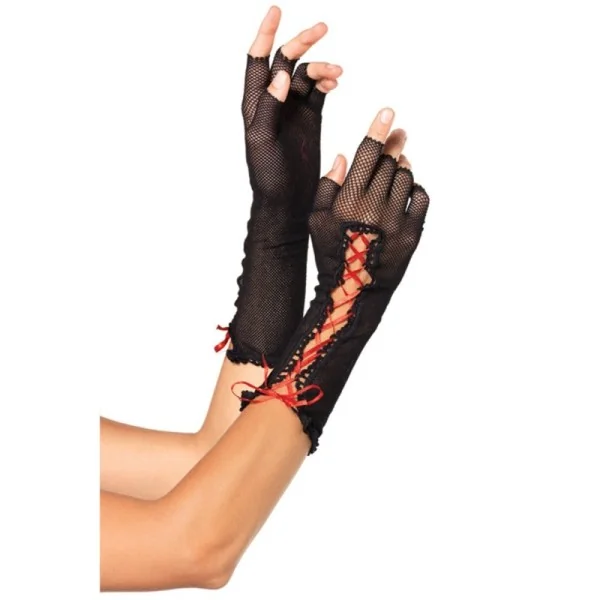 Schwarze Halblange Fingerlose Netzhandschuhe mit Schnürung von Leg Avenue kaufen | Fesselliebe