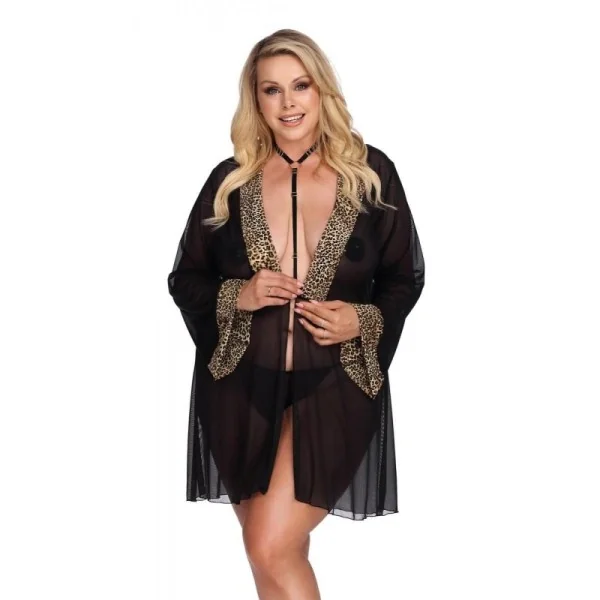 Schwarzer Morgenrock mit Leoprint Aa052967 von Anais Apparel Plus Size kaufen | Fesselliebe