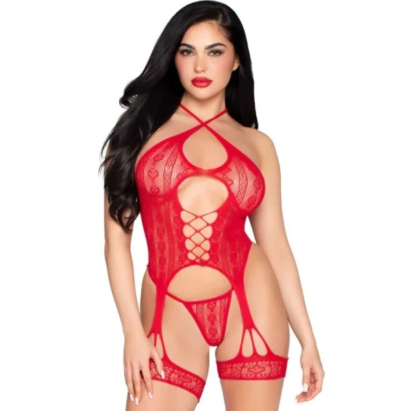 LEG AVENUE - 89338 OFFENER SPITZEN-Bodysuit MIT STRUMPFGÜRTEL + STRING ROT One Size
