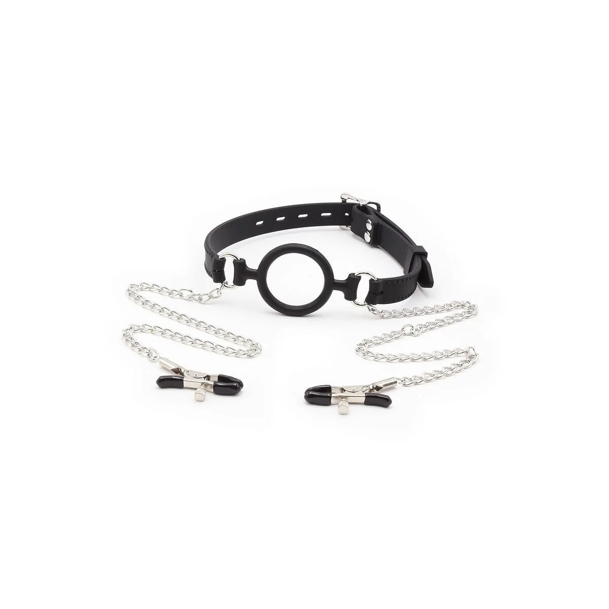 Ringknebel mit Ketten und Nippelklemmen von Ohmama Fetish kaufen | Fesselliebe