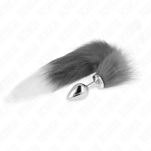 Anal Plug Größe M 8 X 3,5 cm mit Kunststoffschwanz 40 cm Grau und Weiss von Kink Pleasure Plugs kaufen | Fesselliebe