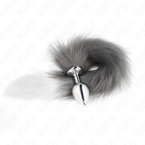 Anal Plug Größe M 8 X 3,5 cm mit Kunststoffschwanz 40 cm Grau und Weiss von Kink Pleasure Plugs kaufen | Fesselliebe