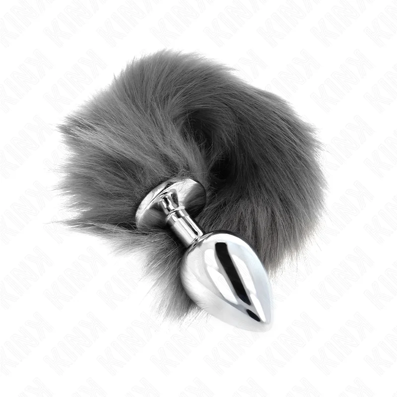 Anal Plug Größe L 10 X 4 cm mit Kunststoffschwanz 40 cm Grau und Weiss von Kink Pleasure Plugs kaufen | Fesselliebe 2