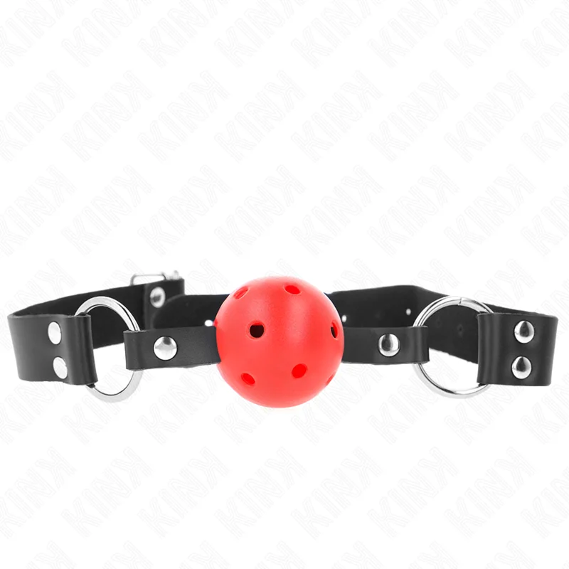 Atmungsaktiver Ball 4 cm Knebel mit Doppelniet Rot 62,5 X 2,5 cm Verstellbar 42-58 cm von Kink Collar & Gag kaufen | Fesselliebe