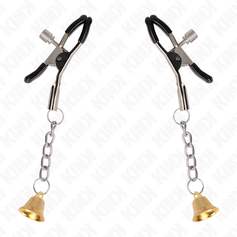 Goldene Nippelklemmen mit Glockenanhänger 6 cm von Kink Nipple Grip kaufen | Fesselliebe 2