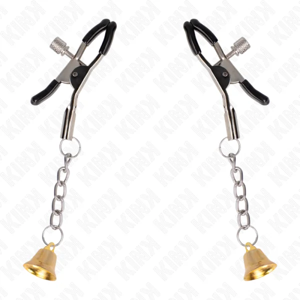 Goldene Nippelklemmen mit Glockenanhänger 6 cm von Kink Nipple Grip kaufen | Fesselliebe