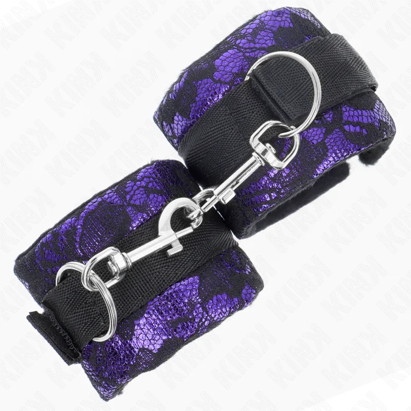 Kurze Handgelenksfesseln aus Samtspitze und Nylonbindung Lila/Schwarz 23 X 6,5 cm von Kink Wrist Restraint kaufen | Fesselliebe 2