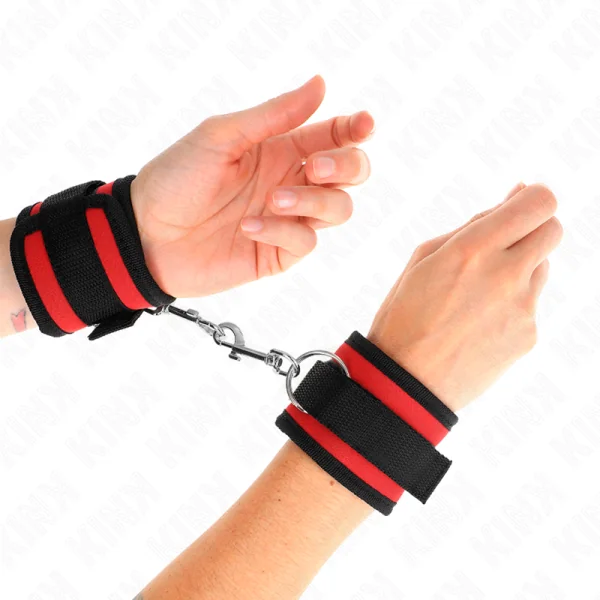 Nylon Bind-Handhandfesseln mit Klettverschluss Rot-Schwarz Modell 2 Verstellbar 18-35 cm X 6 cm von Kink Wrist Restraint kaufen | Fesselliebe