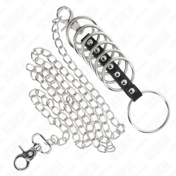 7 PENISRINGE AUS METALL 3,8 CM BIS 5 CM VERBUNDEN MIT LEDER UND METALLKETTE 100 CM VON KINK RING POWER