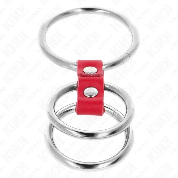 Dreifach Metall Penisring 3,7 cm Bis 5 cm Verbunden mit Rotem Leder von Kink Ring Power kaufen | Fesselliebe