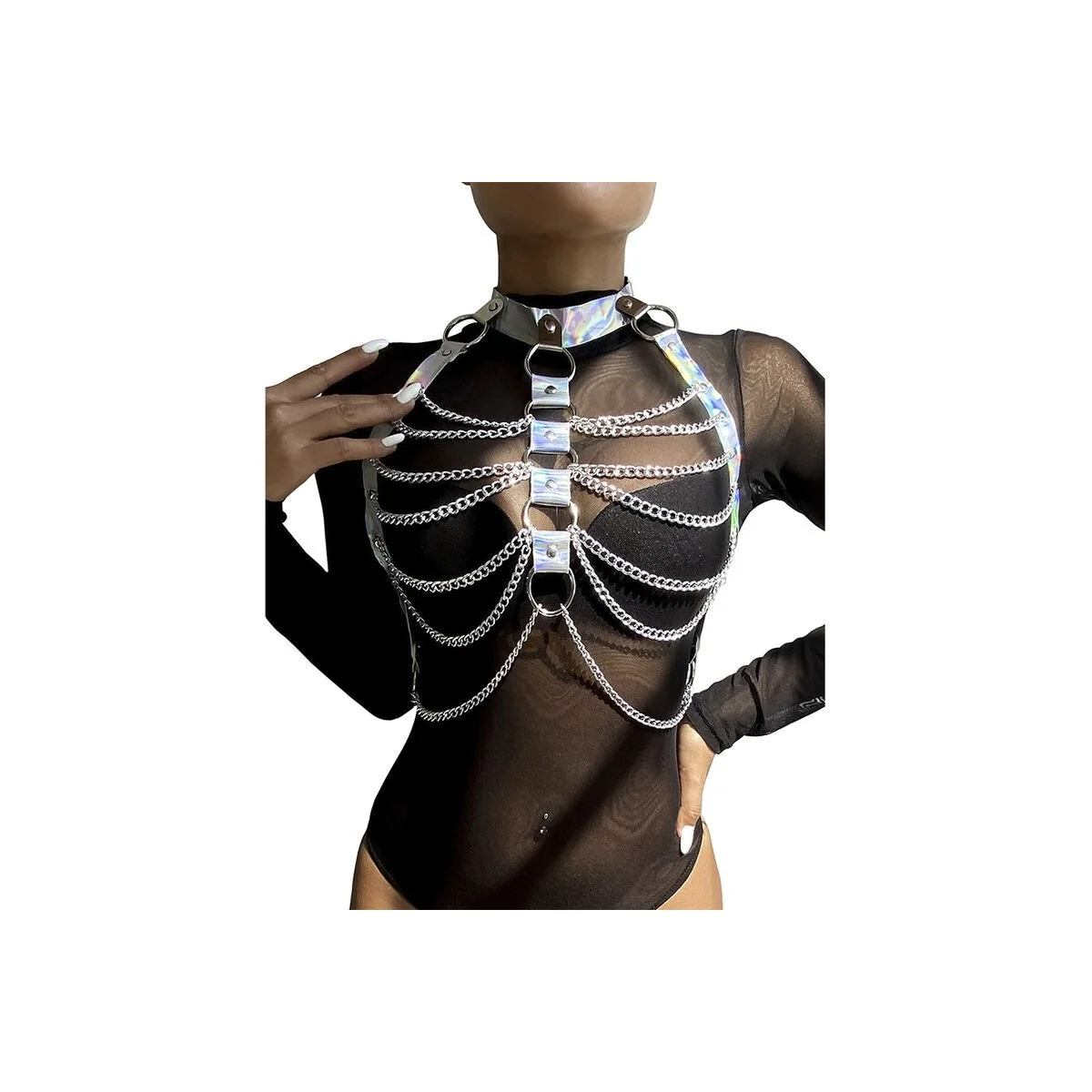 953737 Brustgurt mit Ringen und Ketten Silber One Size (S-L) von Subblime Fetish kaufen | Fesselliebe
