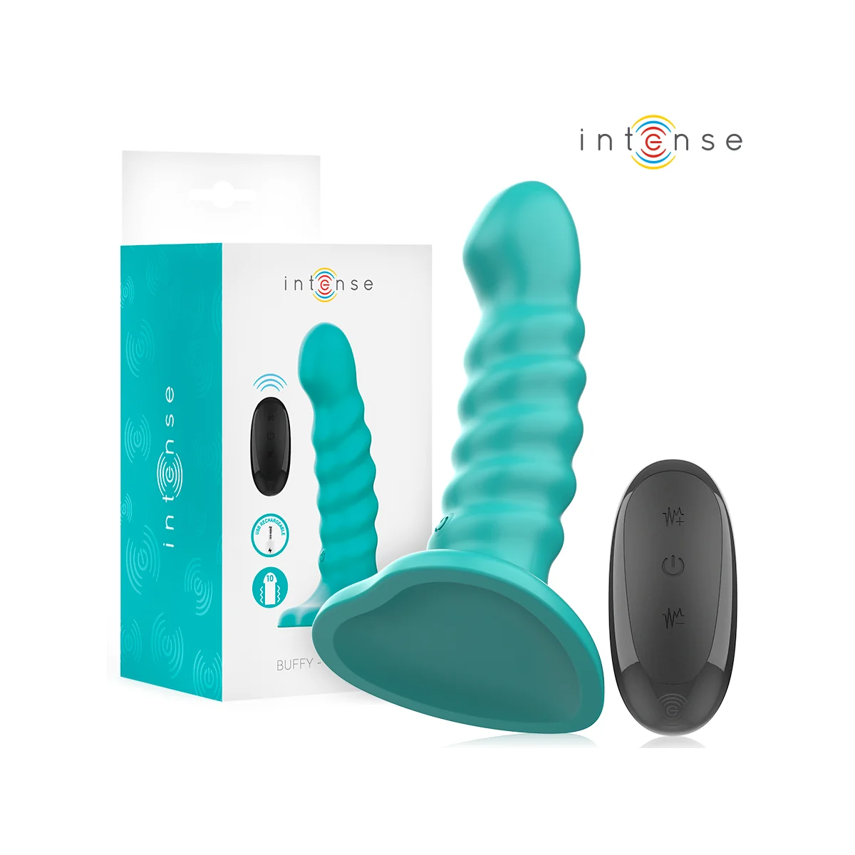 BUFFY VIBRATOR GRÖSSE S SPIRALE DESIGN 10 VIBRATIONEN BLAU MIT FERNBEDIENUNG VON INTENSE FUN