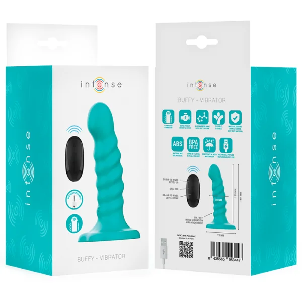 BUFFY VIBRATOR GRÖSSE S SPIRALE DESIGN 10 VIBRATIONEN BLAU MIT FERNBEDIENUNG VON INTENSE FUN