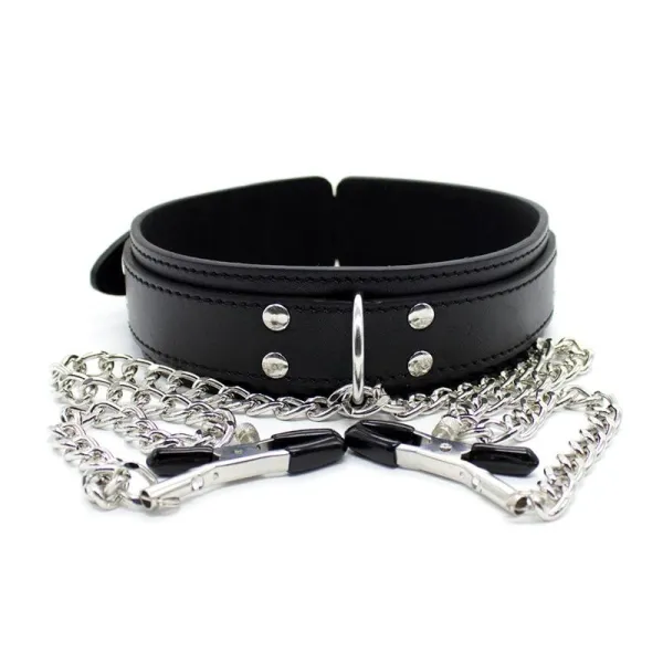 Halsband mit Nippelklemmen und Metallkette, Schwarz von Latetobed BDSM Line | Fesselliebe.de