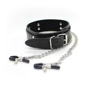 Halsband mit Nippelklemmen und Metallkette, Schwarz von Latetobed BDSM Line
