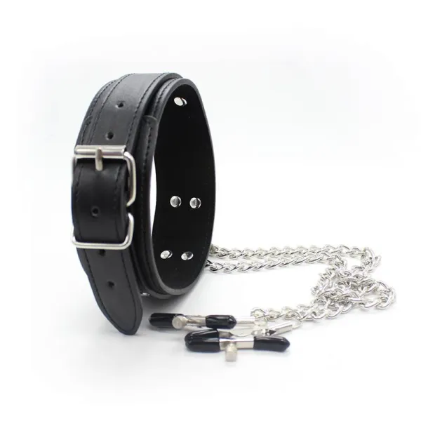 Halsband mit Nippelklemmen und Metallkette, Schwarz von Latetobed BDSM Line | Fesselliebe.de
