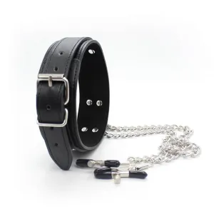 Halsband mit Nippelklemmen und Metallkette, Schwarz von Latetobed BDSM Line