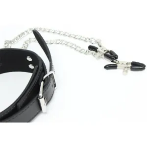 Halsband mit Nippelklemmen und Metallkette, Schwarz von Latetobed BDSM Line