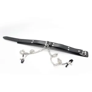 Halsband mit Nippelklemmen und Metallkette, Schwarz von Latetobed BDSM Line