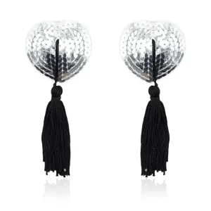 Selbstklebende Herz-Pailletten-Brustwarzenabdeckung mit Quaste Silber/Schwarz von Latetobed BDSM Line | Fesselliebe.de