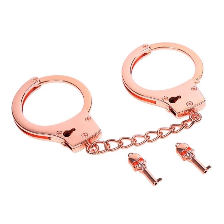 Roségoldene Handschellen mit Totenkopfschlüsseln von Latetobed BDSM Line | Fesselliebe.de