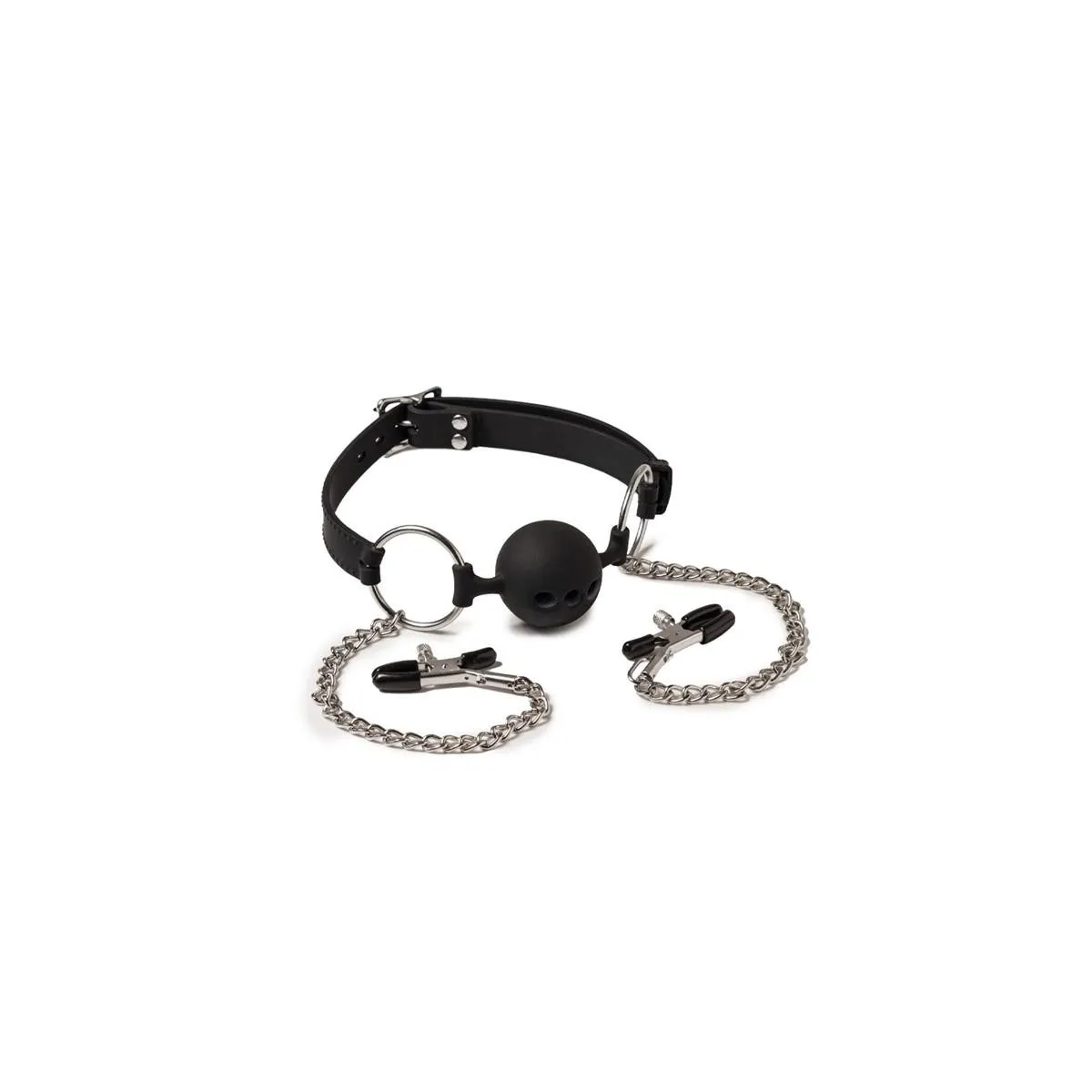 Atmungsaktiver Mundknebel und Nippelklemmen von Latex Play | Fesselliebe.de