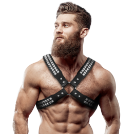 Herren-Halsband aus Ökoleder mit Gekreuzter Brust und Nieten von Fetish Submissive Attitude | Fesselliebe.de