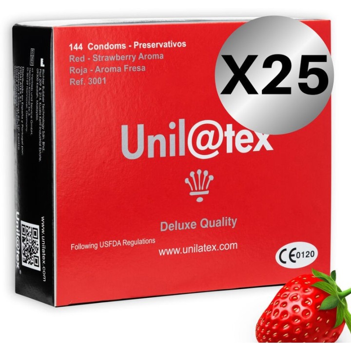 Rote / Erdbeere Kondome Packung 25 X 144 Stück von Unilatex | Fesselliebe.de