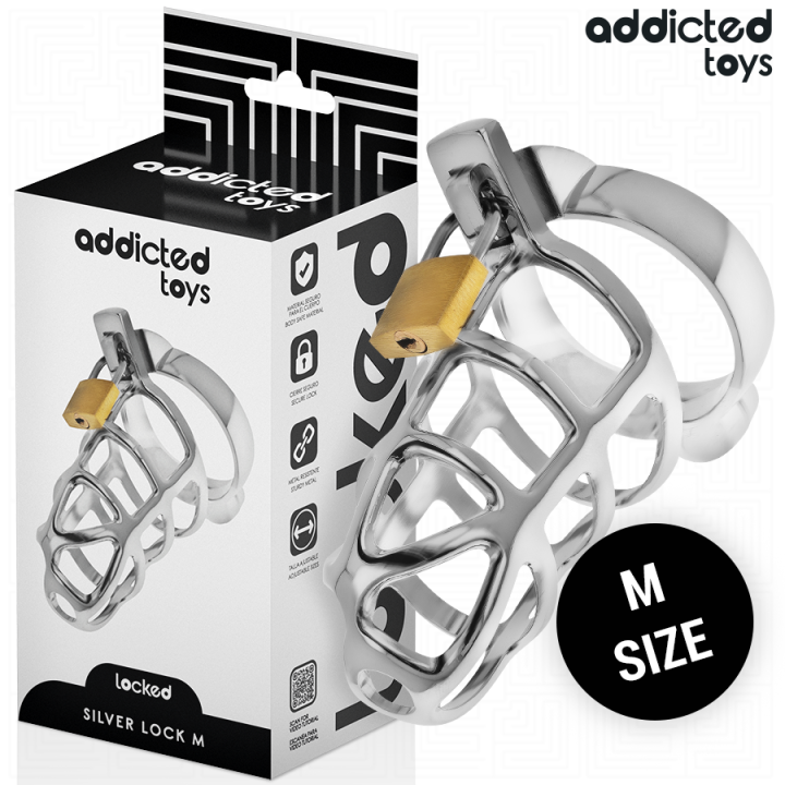 Silbernes Schloss Peniskäfig Metall Grösse M von Addicted Toys Locked | Fesselliebe.de