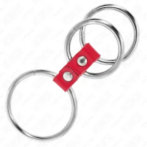 Dreifach Metall Penisring 3,7 cm Bis 5 cm Verbunden mit Rotem Leder von Kink Ring Power