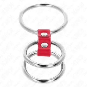 Dreifach Metall Penisring 3,7 cm Bis 5 cm Verbunden mit Rotem Leder von Kink Ring Power