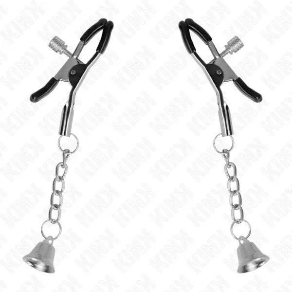 Silberne Nippelklemmen mit Glockenanhänger 6 cm von Kink Nipple Grip | Fesselliebe.de