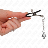 Silberne Nippelklemmen mit Glockenanhänger 6 cm von Kink Nipple Grip | Fesselliebe.de