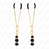 Goldene Dünne Nippelklemmen mit 3 Schwarzen Glasperlen 7 cm von Kink Nipple Grip | Fesselliebe.de