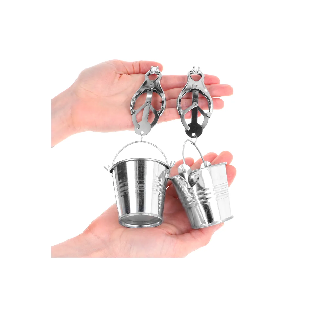 Japanische Kleeblatt-Nippelklammern mit Eimer Silber von Kink Nipple Grip | Fesselliebe.de
