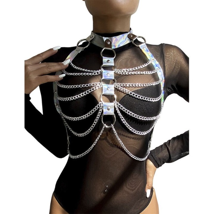 953737 Brustgurt mit Ringen und Ketten Silber eine Grösse von Subblime Fetish | Fesselliebe.de
