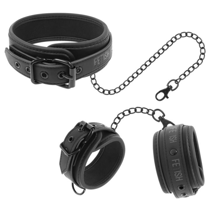 Halskette und Handschellen aus Veganem Leder mit Noprene-Futter von Fetish Submissive Bondage | Fesselliebe.de