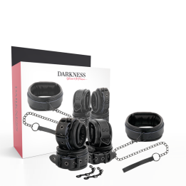 Handschellen und Kragen aus Schwarzem Leder von Darkness | Fesselliebe.de