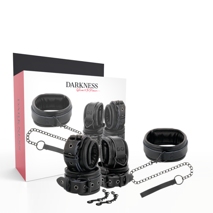 Handschellen und Kragen aus Schwarzem Leder von Darkness | Fesselliebe.de