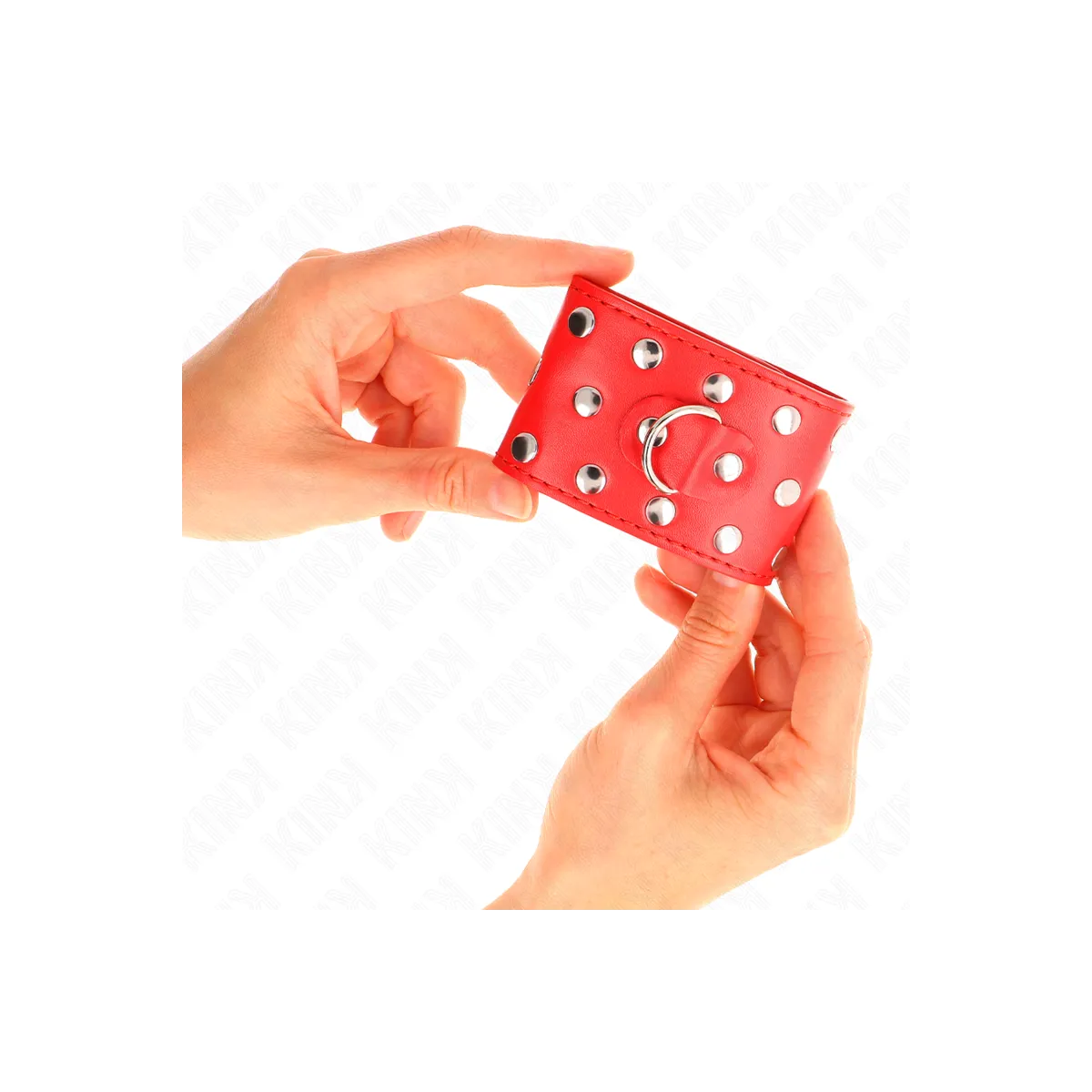Handgelenkfesseln mit Druckverschluss Voller Nieten Rot Verstellbar 19-24 cm X 5,5 cm von Kink Wrist Restraint | Fesselliebe.de