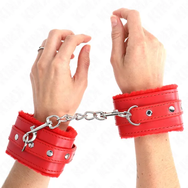 Premium gefütterte Handgelenkfesseln Rot mit Rotem Gürtel Verstellbar 17-29 cm X 6 cm von Kink Wrist Restraint | Fesselliebe.de