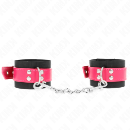 Nylon Handgelenkfesseln Schwarz mit Kunstledergürtel Himbeerrosa 19-29 cm X 5,1 cm von Kink Wrist Restraint | Fesselliebe.de