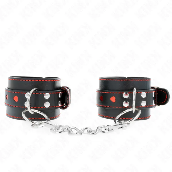 Schwarze Handgelenkfesseln mit Roter Herzeinlage, Verstellbar 21-28 cm X 5,5 cm von Kink Wrist Restraint | Fesselliebe.de