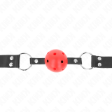 Atmungsaktiver Ball 4 cm Knebel mit Doppelniet Rot 62,5 X 2,5 cm Verstellbar 42-58 cm von Kink Collar & Gag | Fesselliebe.de